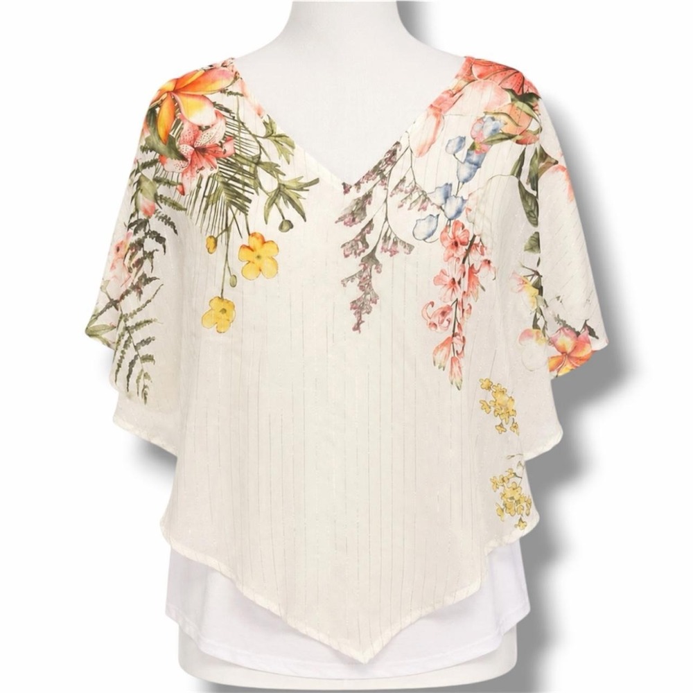 Stefano Cocci Ivory Floral Poncho Cape Top Sz S